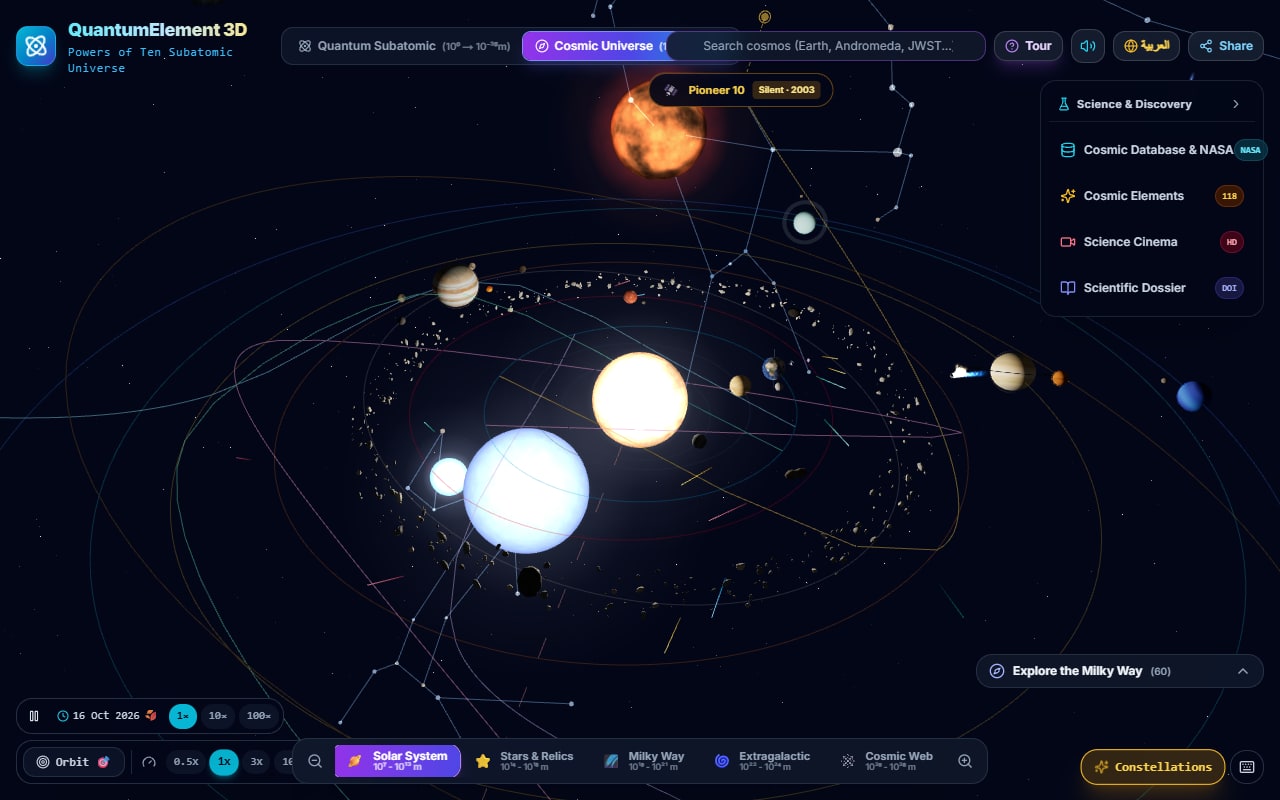 Screenshot of Biruni Lab: Fly across the universe and zoom inside every element of the periodic table, in 3D.
