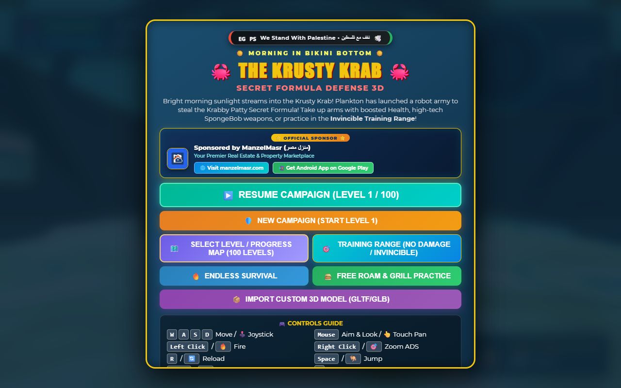 Screenshot of Hamour: A 3D shooter in the browser: save Mr. Krabs' secret recipe from Plankton's robots.