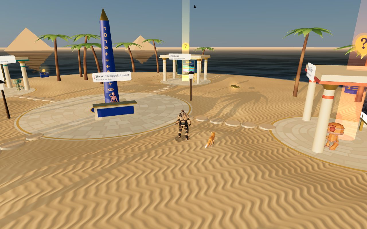 Ibrahim Island: a 3D island with an obelisk, palm trees and pavilions for each app